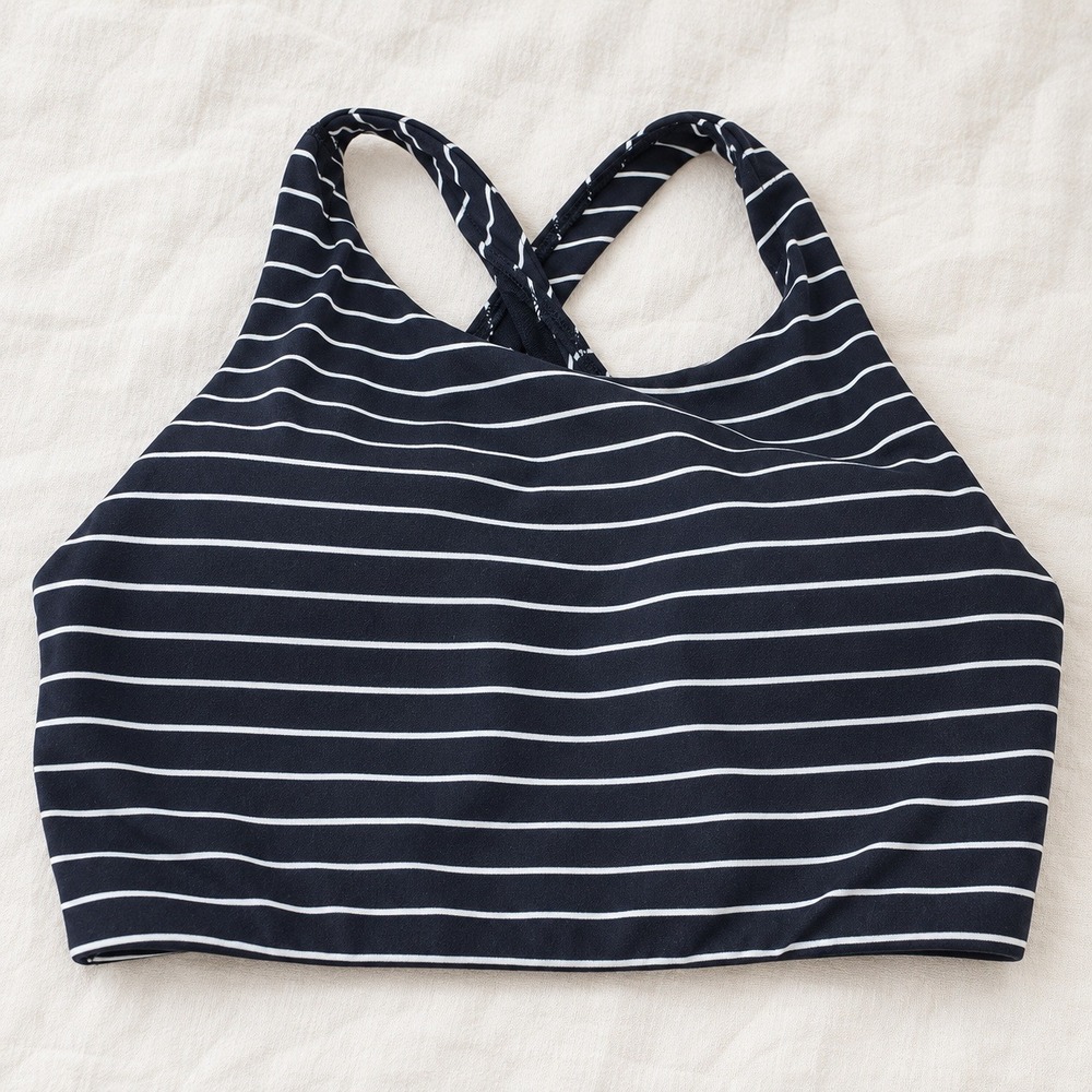 Athleta Navy White Striped High Neck Racerback Sports Bra Medium Hook Back